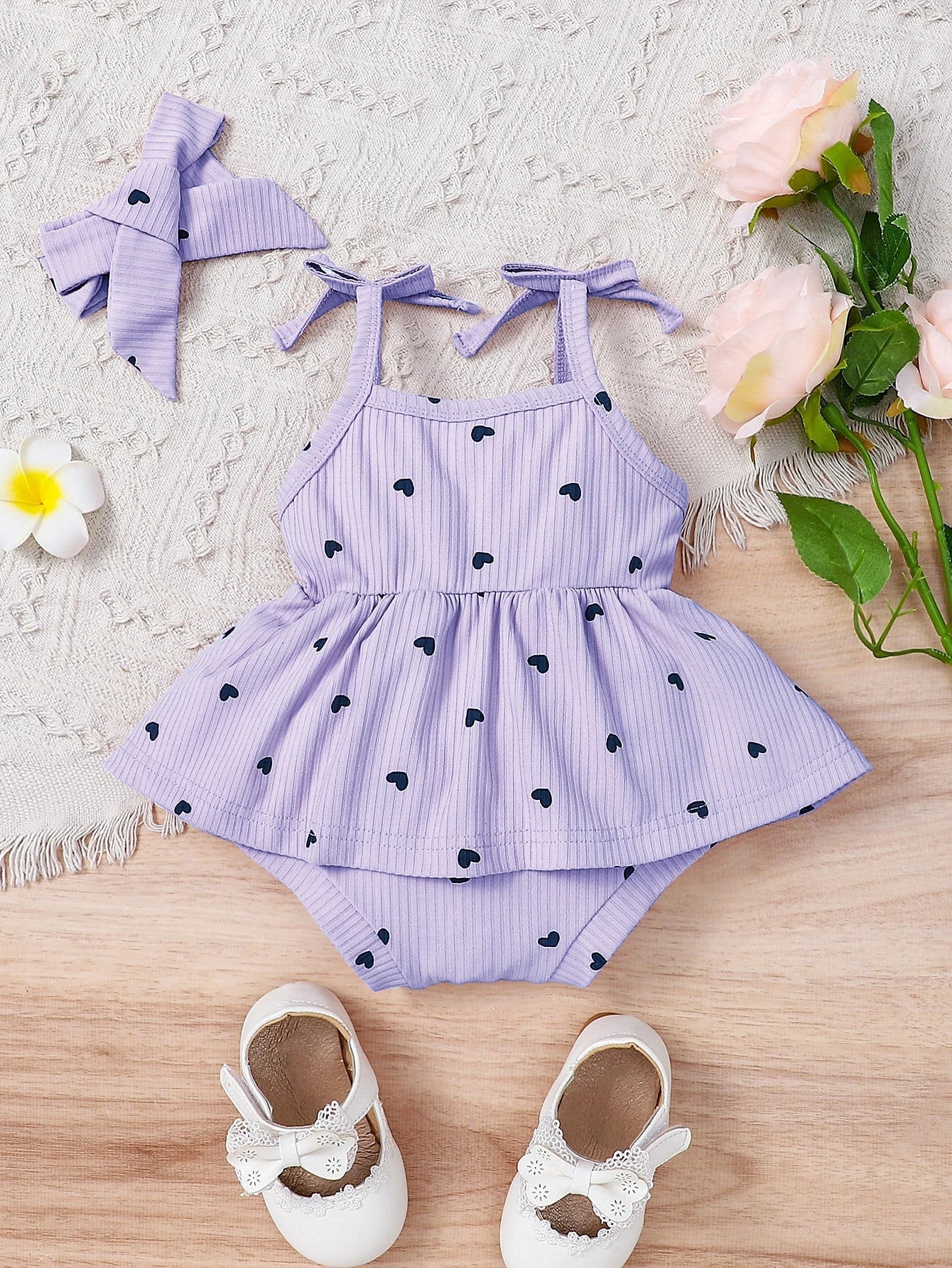 Buy SHEIN Baby Girl Heart Print Cami Combo Bodysuit Dress & Headband in Pakistan