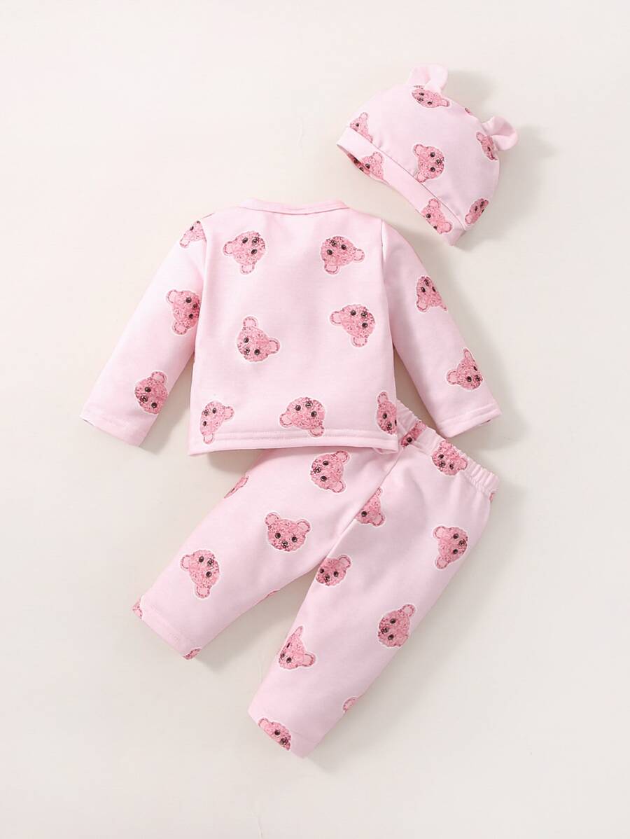 Buy SHEIN Baby Girl Newborn Cartoon Graphic Tee & Pants & Accessory 3D Ears Hat in Pakistan