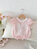 Buy SHEIN Baby Girl Pink Butterfly Bubble Sleeves Floral Lace Short Sleeve Romper in Pakistan