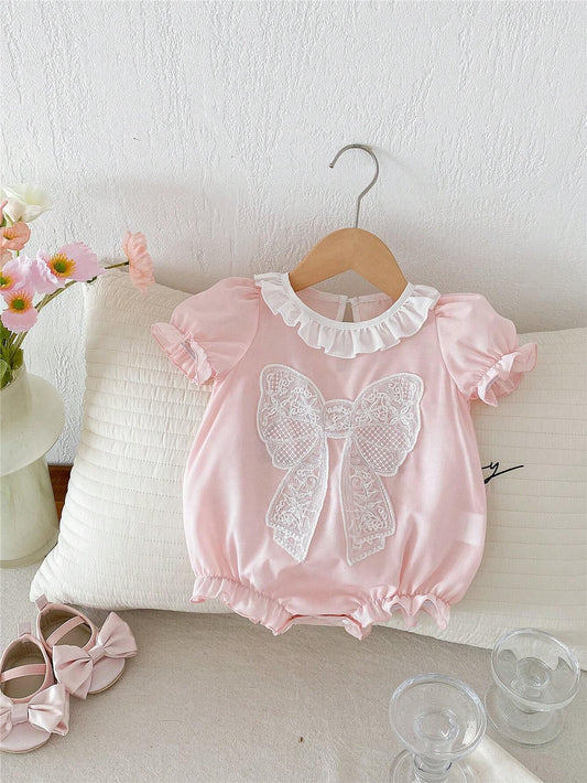 Buy SHEIN Baby Girl Pink Butterfly Bubble Sleeves Floral Lace Short Sleeve Romper in Pakistan