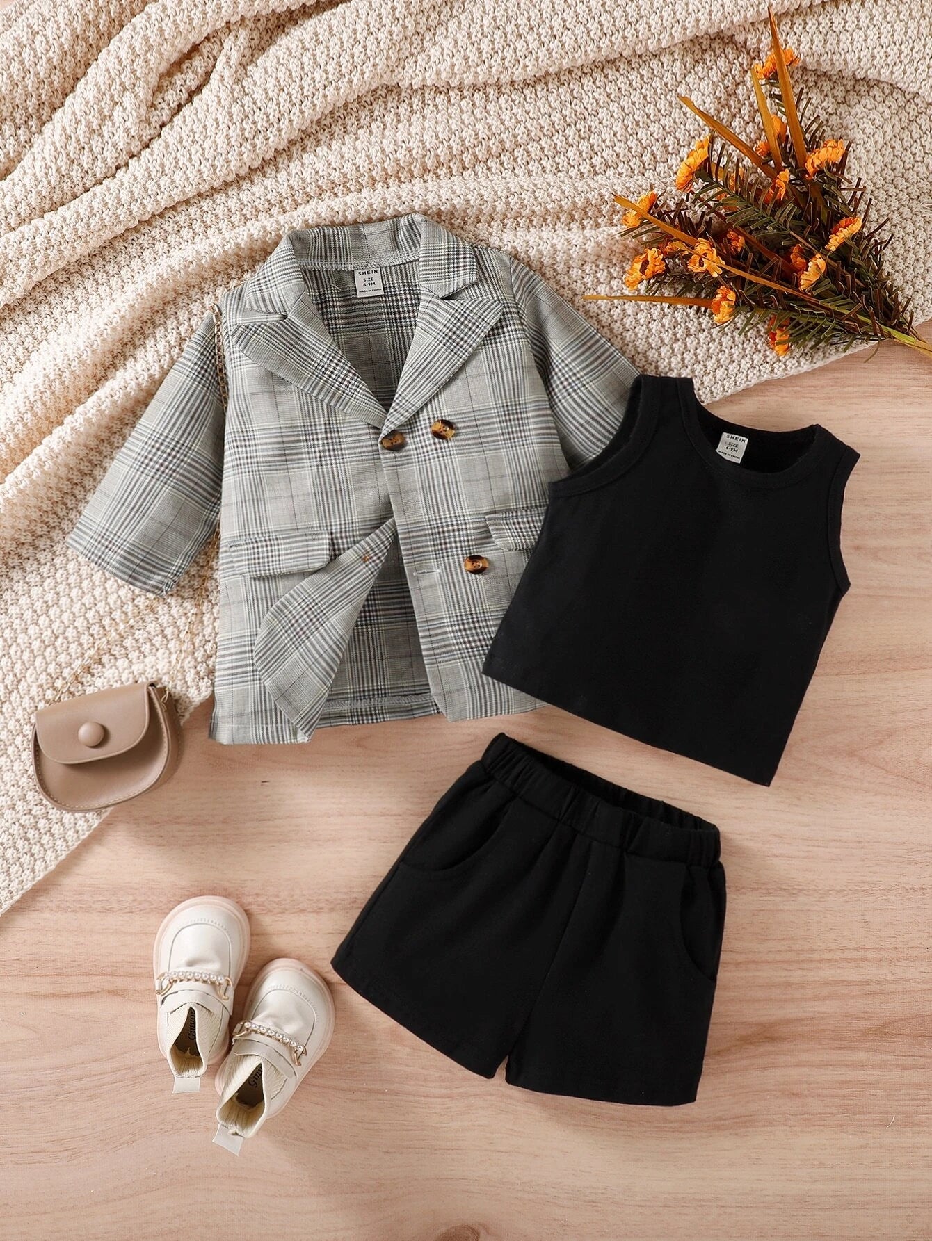 Buy SHEIN Baby Girl Plaid Print Blazer & Tank Top & Shorts in Pakistan