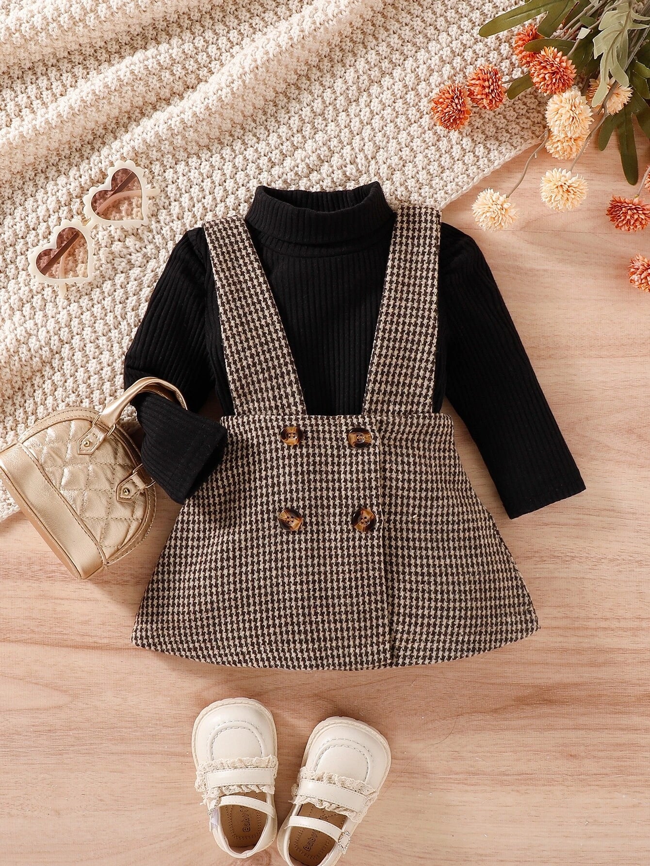 Buy SHEIN Baby Girl Puff Sleeve Bodysuit & Houndstooth Print Suspender Skirt in Pakistan