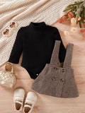 Buy SHEIN Baby Girl Puff Sleeve Bodysuit & Houndstooth Print Suspender Skirt in Pakistan