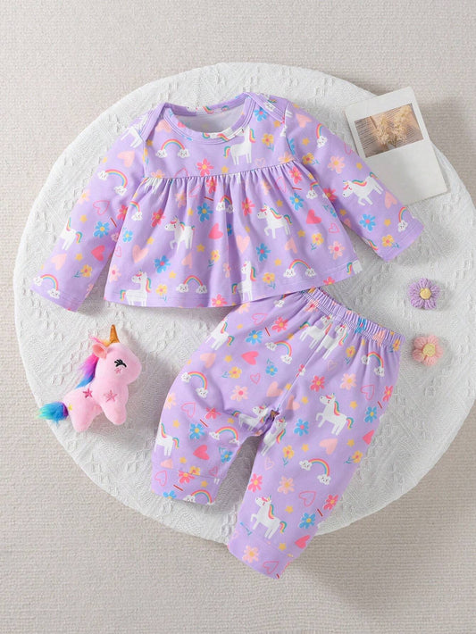 Buy SHEIN Baby Girl Purple Cute Printed Unicorn Rainbow Heart And Flower Pattern Long Sleeve Long Pants Casual Home Wear 2pcs/Set in Pakistan