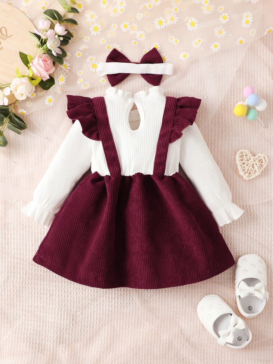 Buy SHEIN Baby Girl Ruffle Trim Flounce Sleeve Bow Front 2 In 1 Dress With Headband in Pakistan