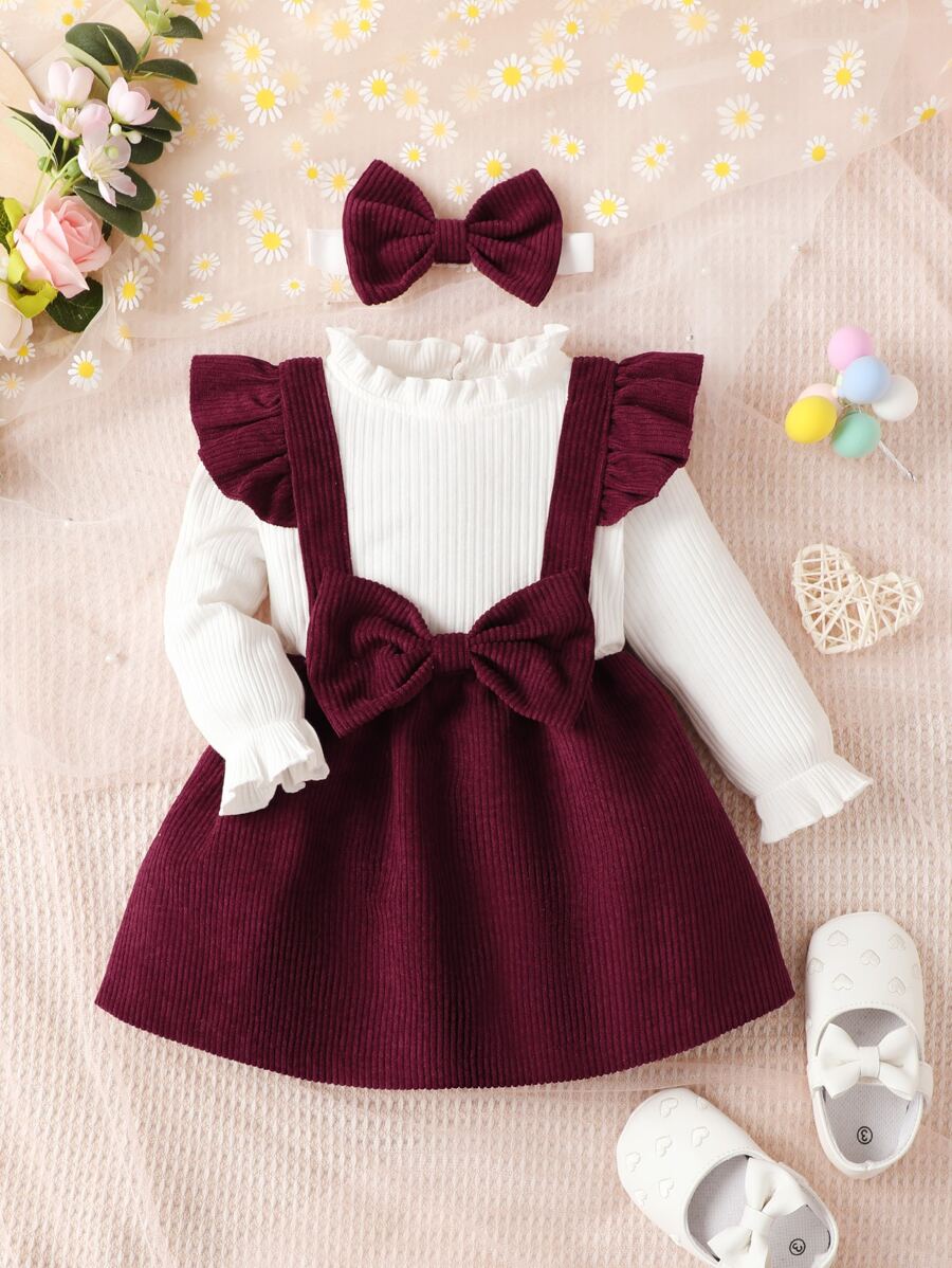 Buy SHEIN Baby Girl Ruffle Trim Flounce Sleeve Bow Front 2 In 1 Dress With Headband in Pakistan