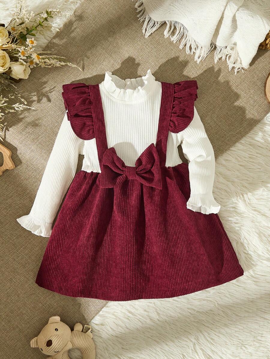 Buy SHEIN Baby Girl Ruffle Trim Flounce Sleeve Bow Front 2 In 1 Dress With Headband in Pakistan