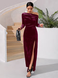 Buy SHEIN Belle Asymmetrical Neck Ruched Split Thigh Bridesmaid Dress in Pakistan
