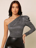Buy SHEIN Belle One Shoulder Gigot Sleeve Glitter Top in Pakistan