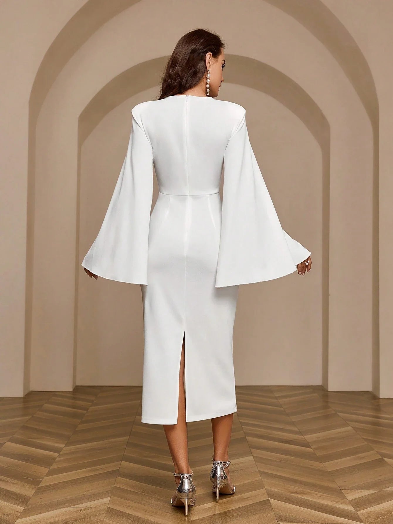 Buy SHEIN Belle Solid Color Cape Sleeve Long Dress With Round Neckline in Pakistan