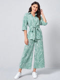 Buy SHEIN Clasi Collared Self Belted Allover Print Blouse & Wide Leg Pants Set in Pakistan