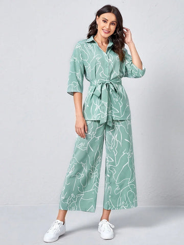 Buy SHEIN Clasi Collared Self Belted Allover Print Blouse & Wide Leg Pants Set in Pakistan