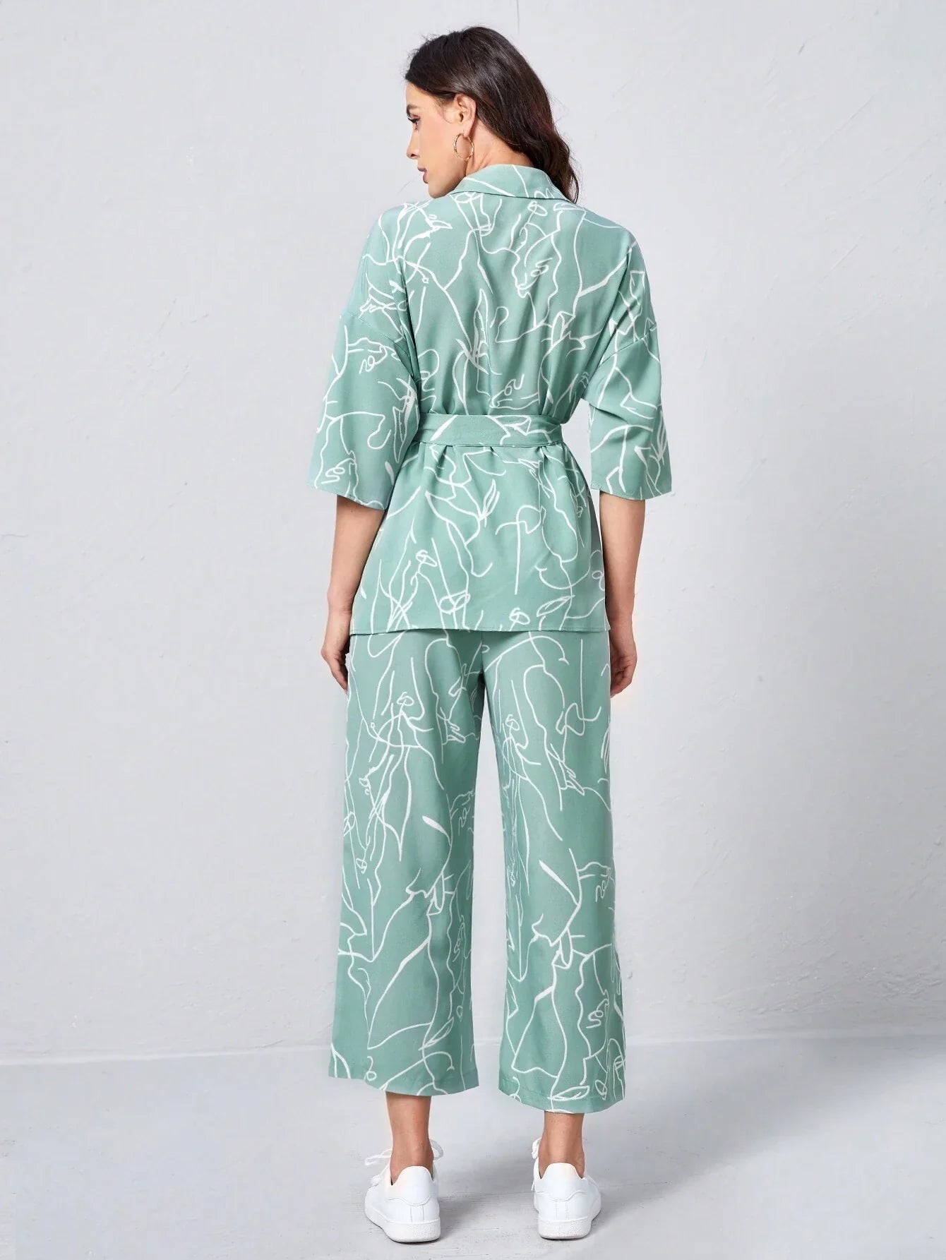 Buy SHEIN Clasi Collared Self Belted Allover Print Blouse & Wide Leg Pants Set in Pakistan