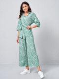 Buy SHEIN Clasi Collared Self Belted Allover Print Blouse & Wide Leg Pants Set in Pakistan