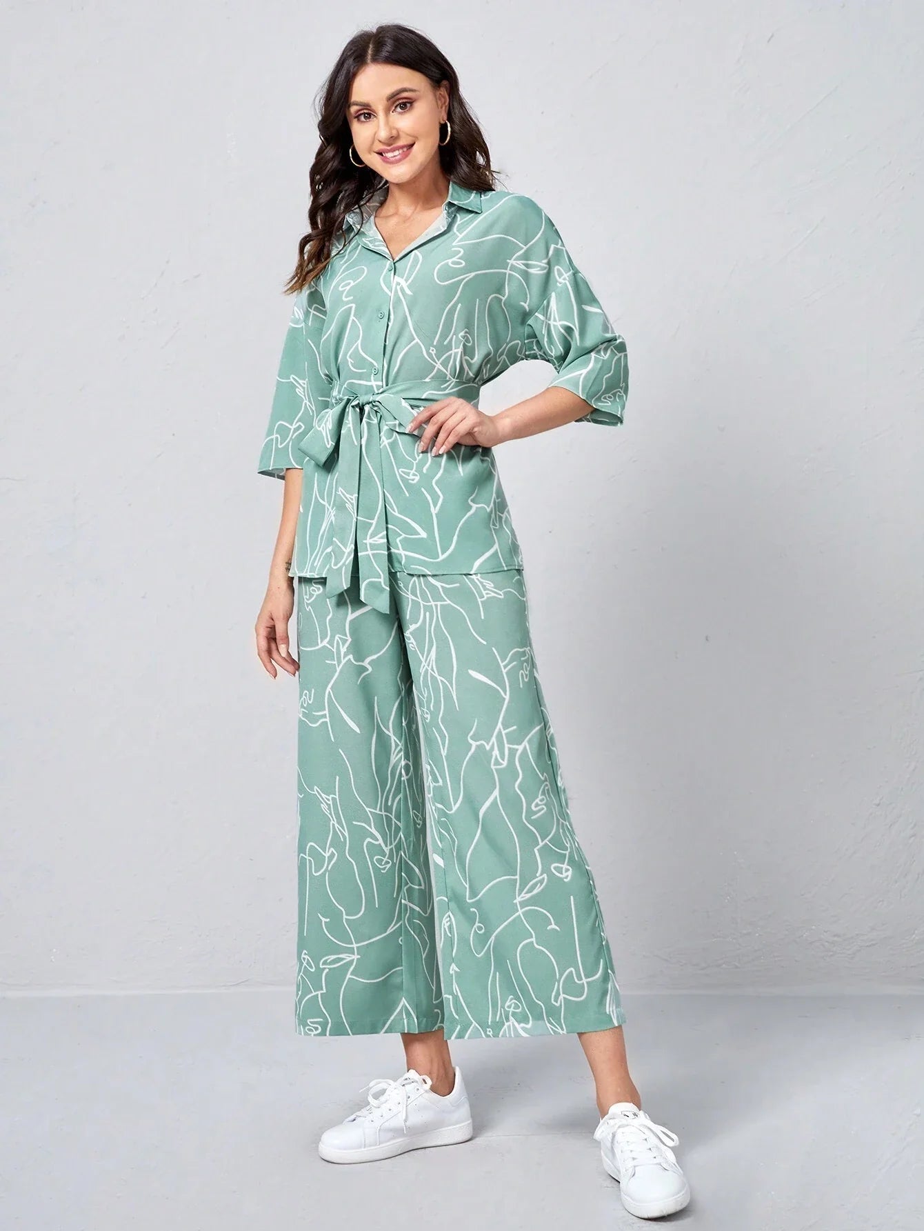 Buy SHEIN Clasi Collared Self Belted Allover Print Blouse & Wide Leg Pants Set in Pakistan