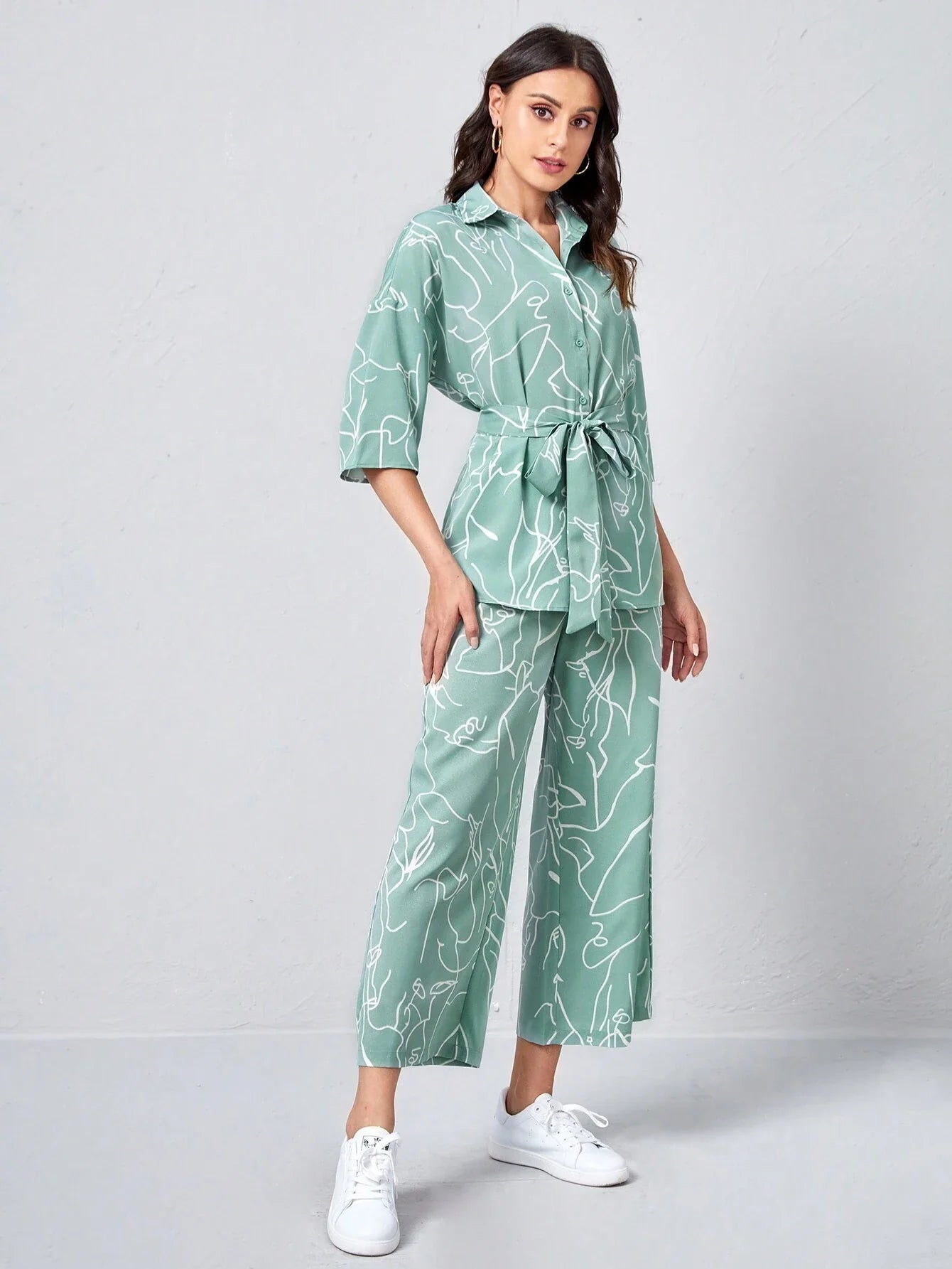 Buy SHEIN Clasi Collared Self Belted Allover Print Blouse & Wide Leg Pants Set in Pakistan