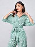 Buy SHEIN Clasi Collared Self Belted Allover Print Blouse & Wide Leg Pants Set in Pakistan