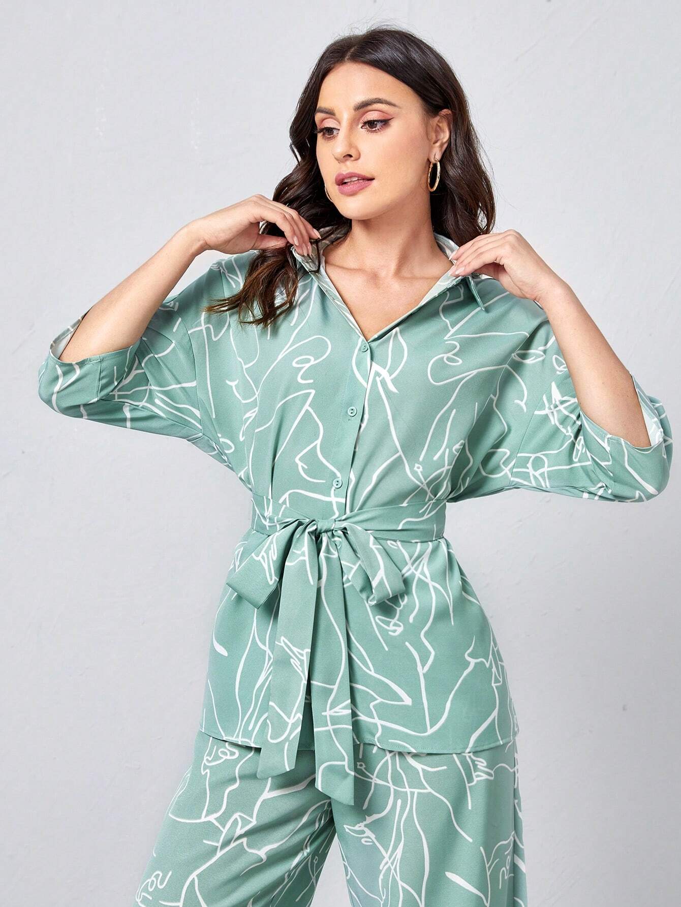 Buy SHEIN Clasi Collared Self Belted Allover Print Blouse & Wide Leg Pants Set in Pakistan
