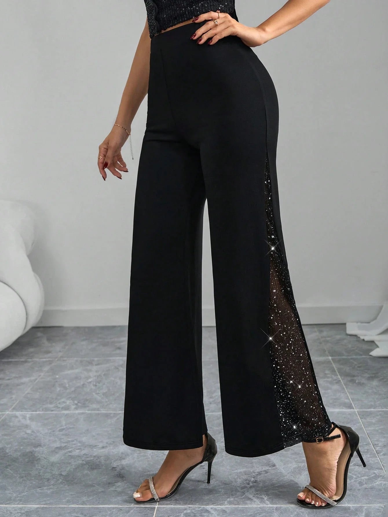 Buy SHEIN Clasi Ladies Elegant Mesh & Glitter Splice Black Slim Straight Leg Pants in Pakistan
