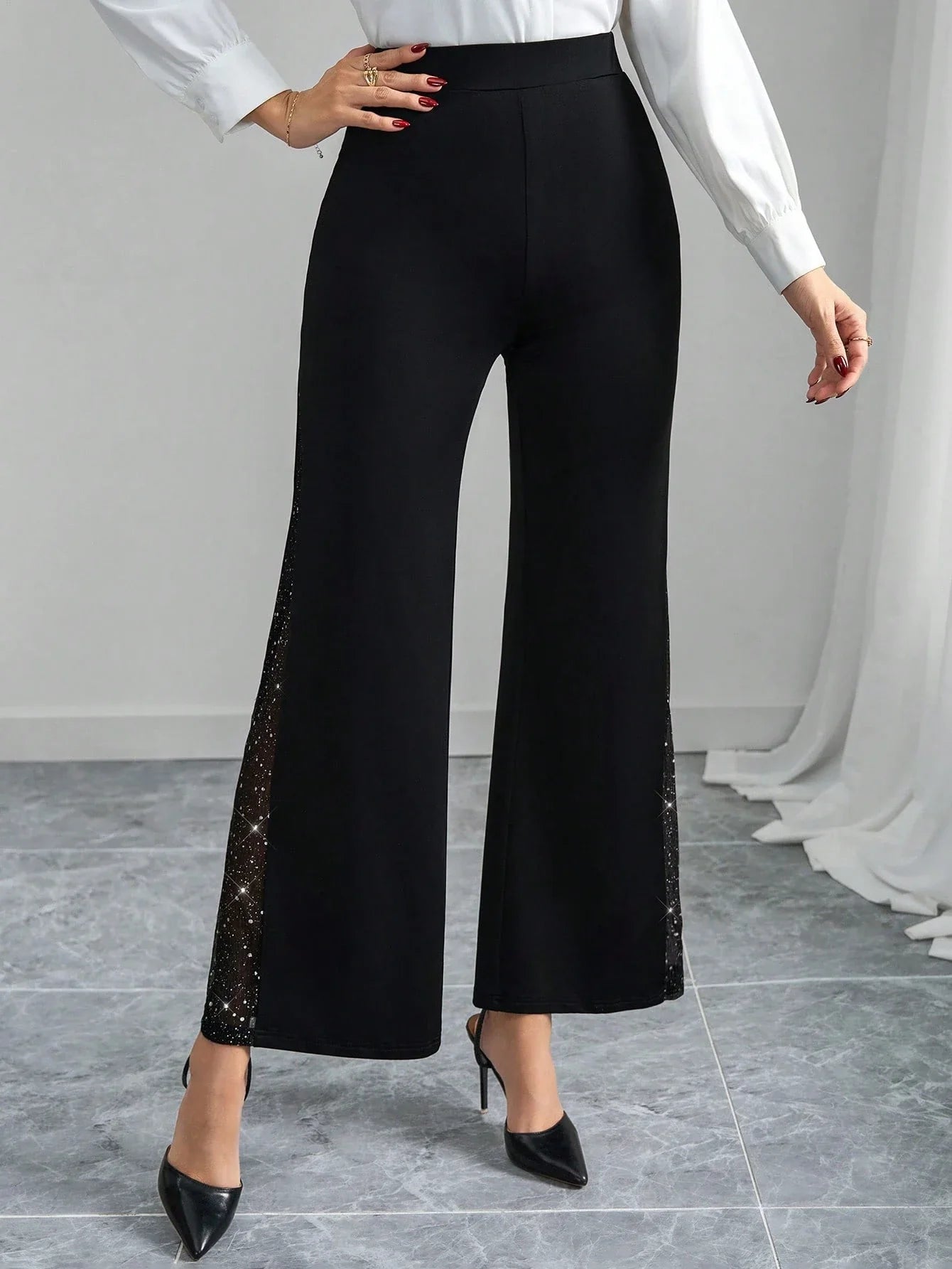 Buy SHEIN Clasi Ladies Elegant Mesh & Glitter Splice Black Slim Straight Leg Pants in Pakistan
