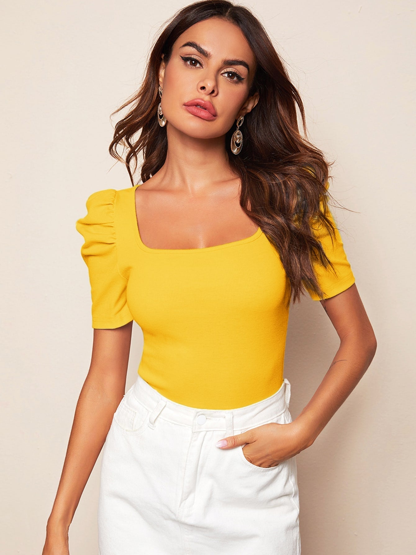 Buy SHEIN Clasi Puff Sleeve Rib-knit Solid Top in Pakistan