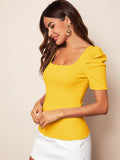 Buy SHEIN Clasi Puff Sleeve Rib-knit Solid Top in Pakistan