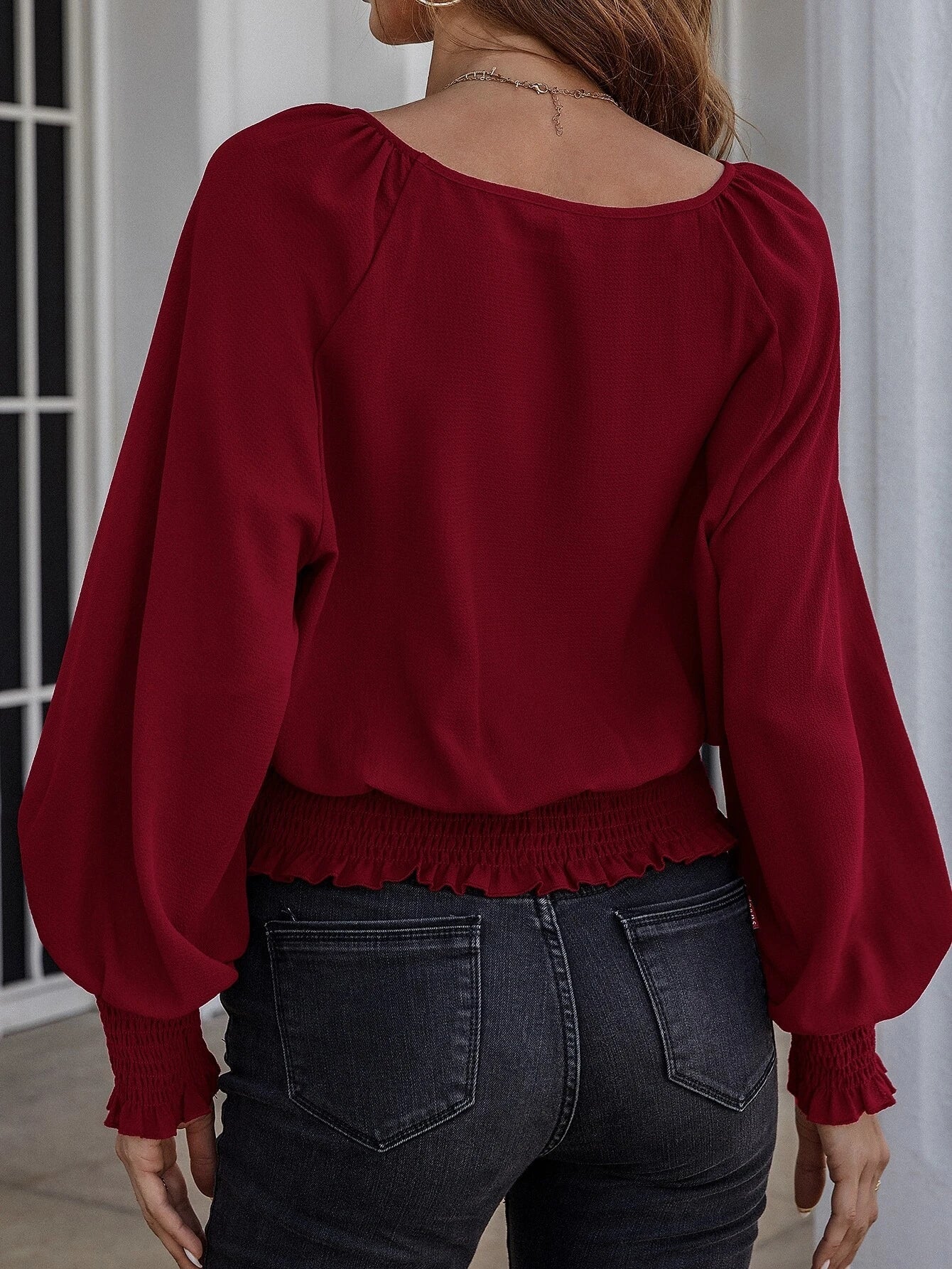 Buy SHEIN Clasi Solid Bishop Sleeve Shirred Blouse in Pakistan