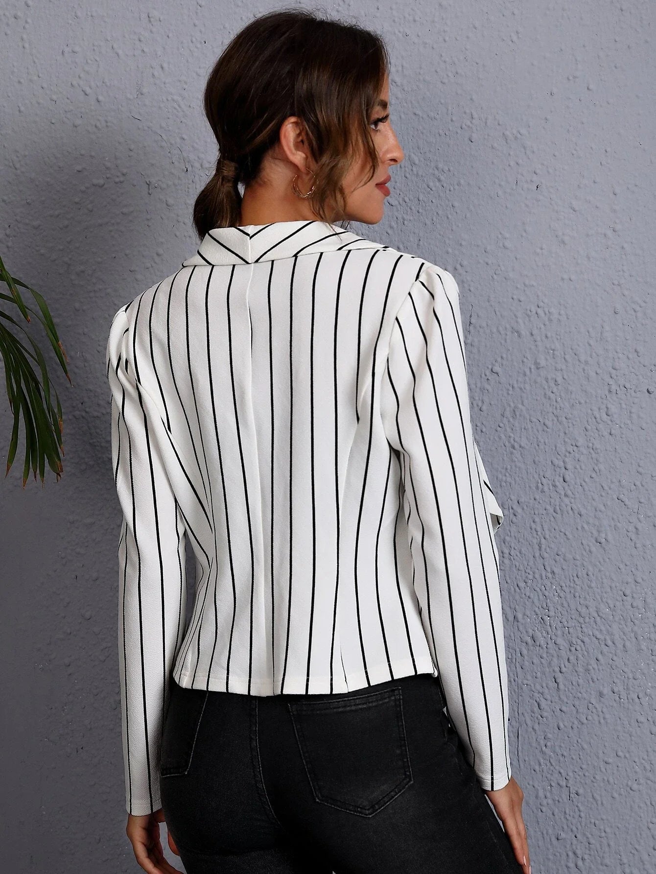 Buy SHEIN Clasi Striped Shawl Collar Open Front Blazer in Pakistan