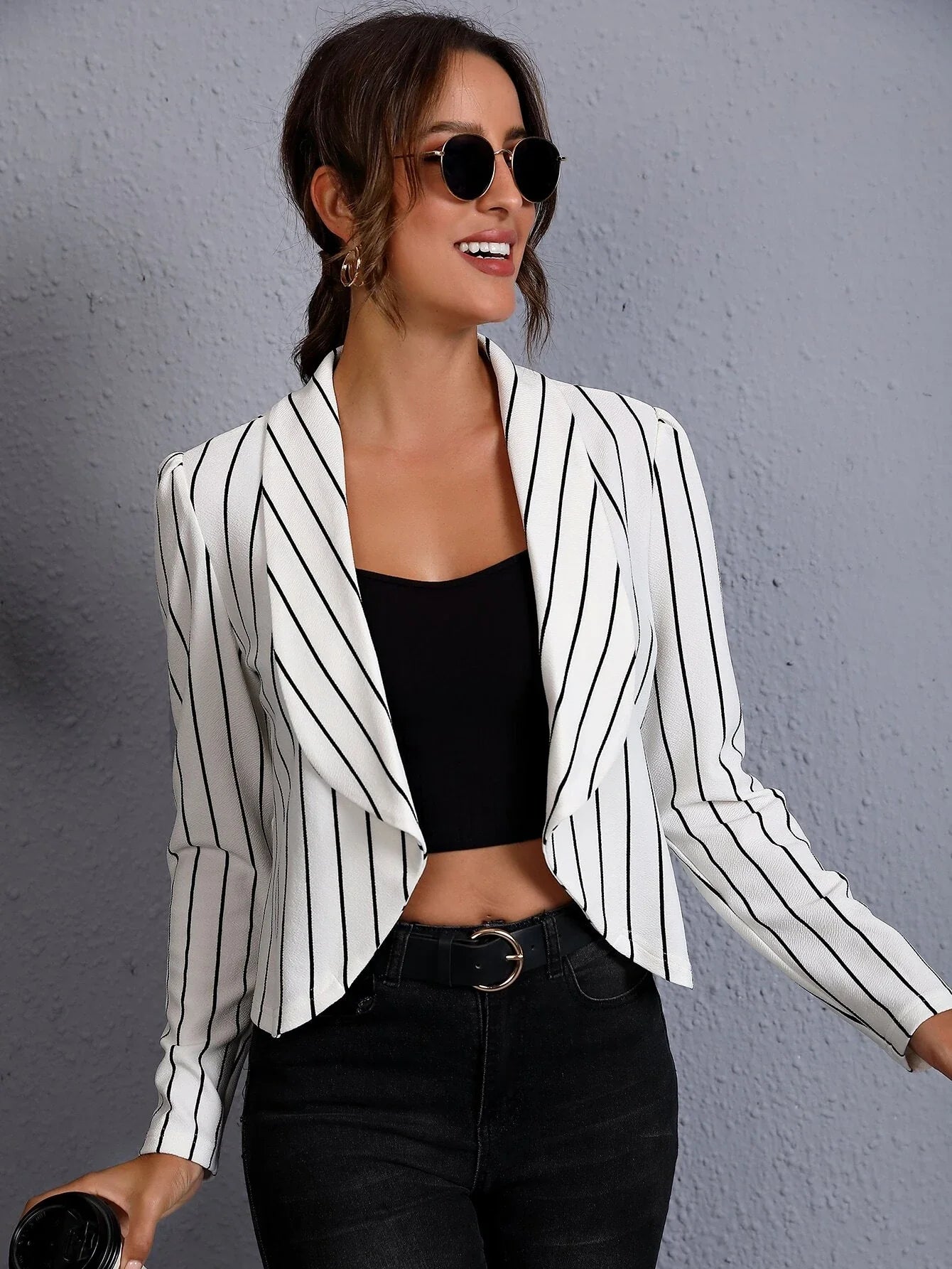 Buy SHEIN Clasi Striped Shawl Collar Open Front Blazer in Pakistan