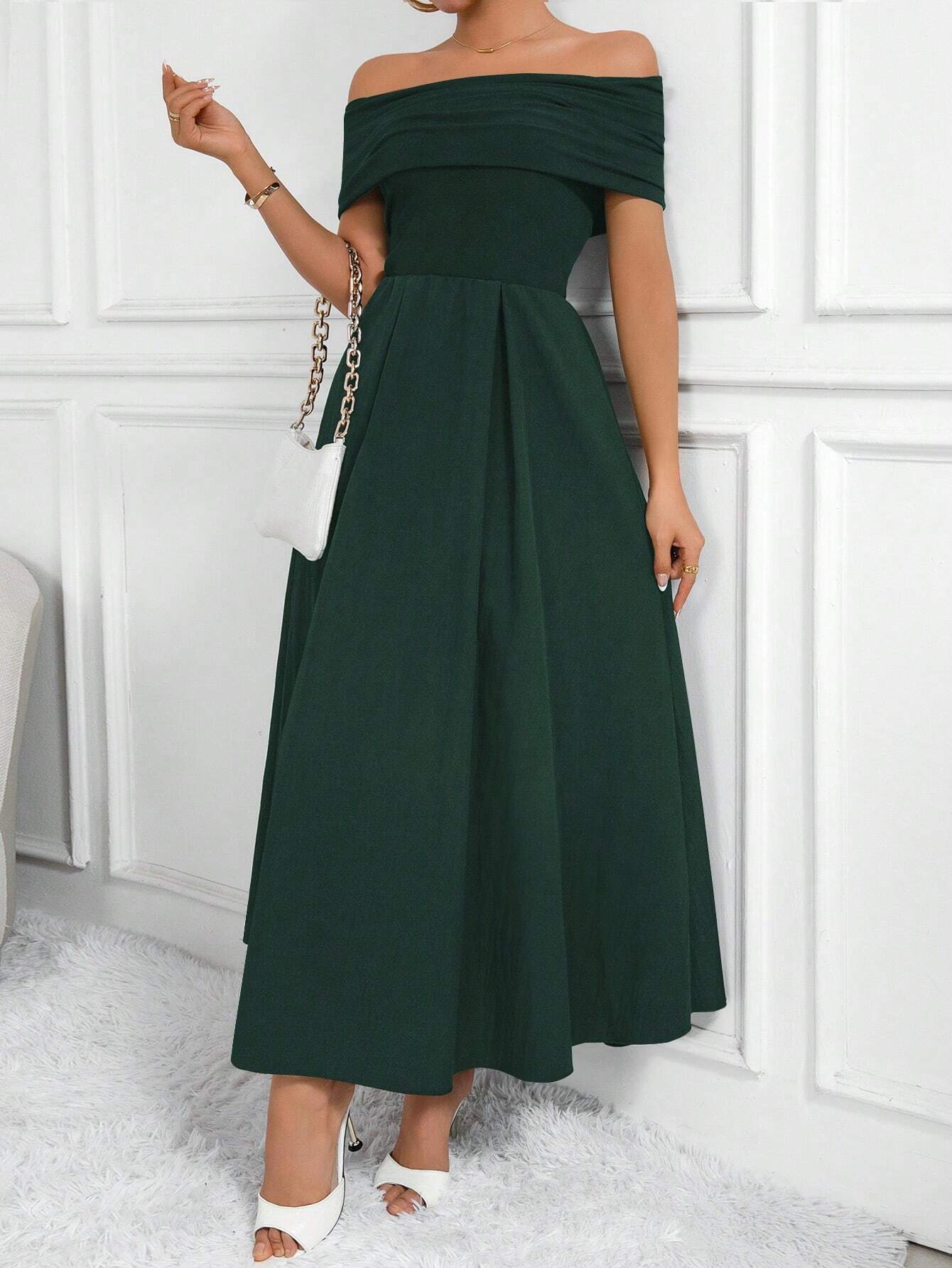 Buy SHEIN Clasi Women Fashion Solid Color Waist-Belted Off-Shoulder Dress in Pakistan