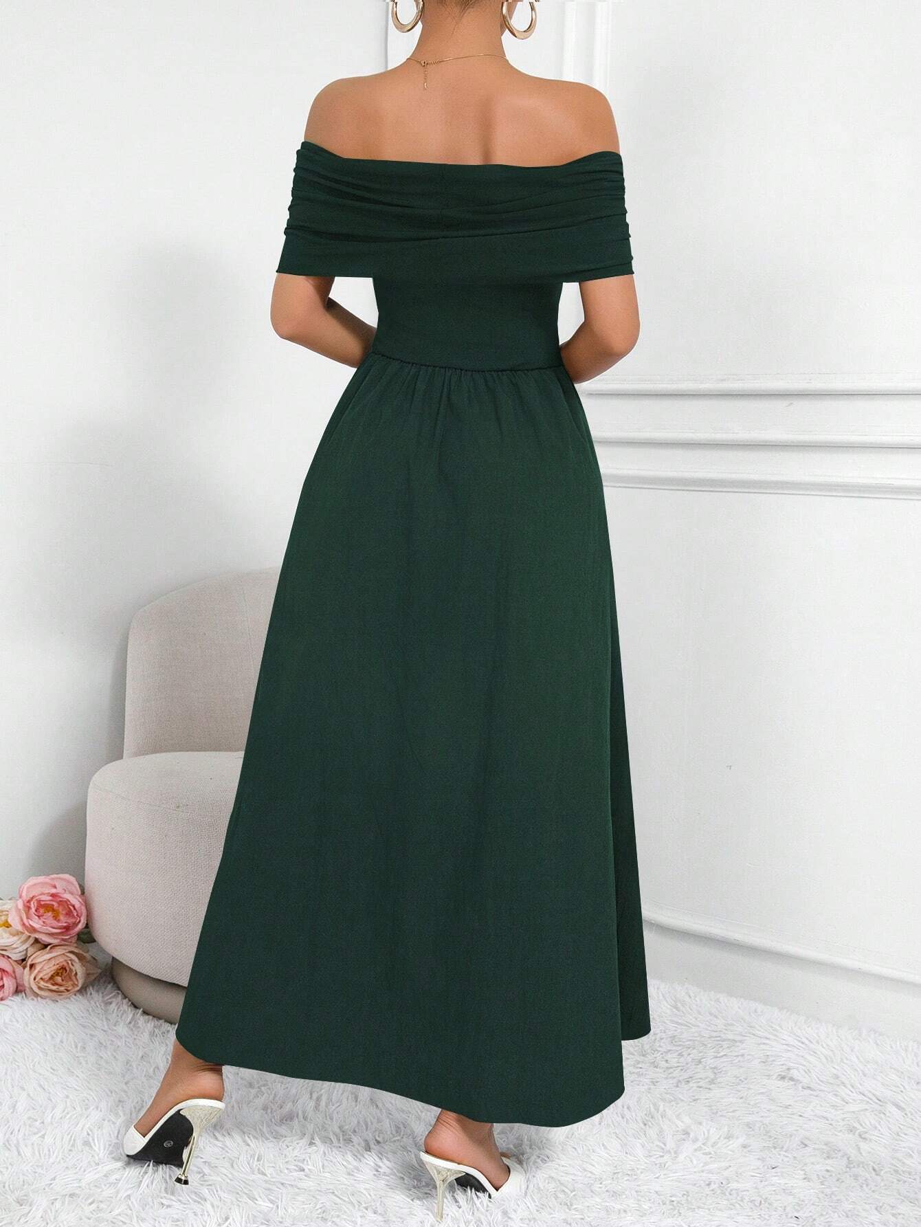 Buy SHEIN Clasi Women Fashion Solid Color Waist-Belted Off-Shoulder Dress in Pakistan