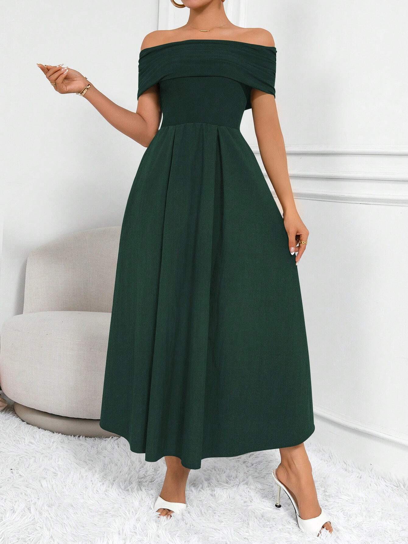 Buy SHEIN Clasi Women Fashion Solid Color Waist-Belted Off-Shoulder Dress in Pakistan