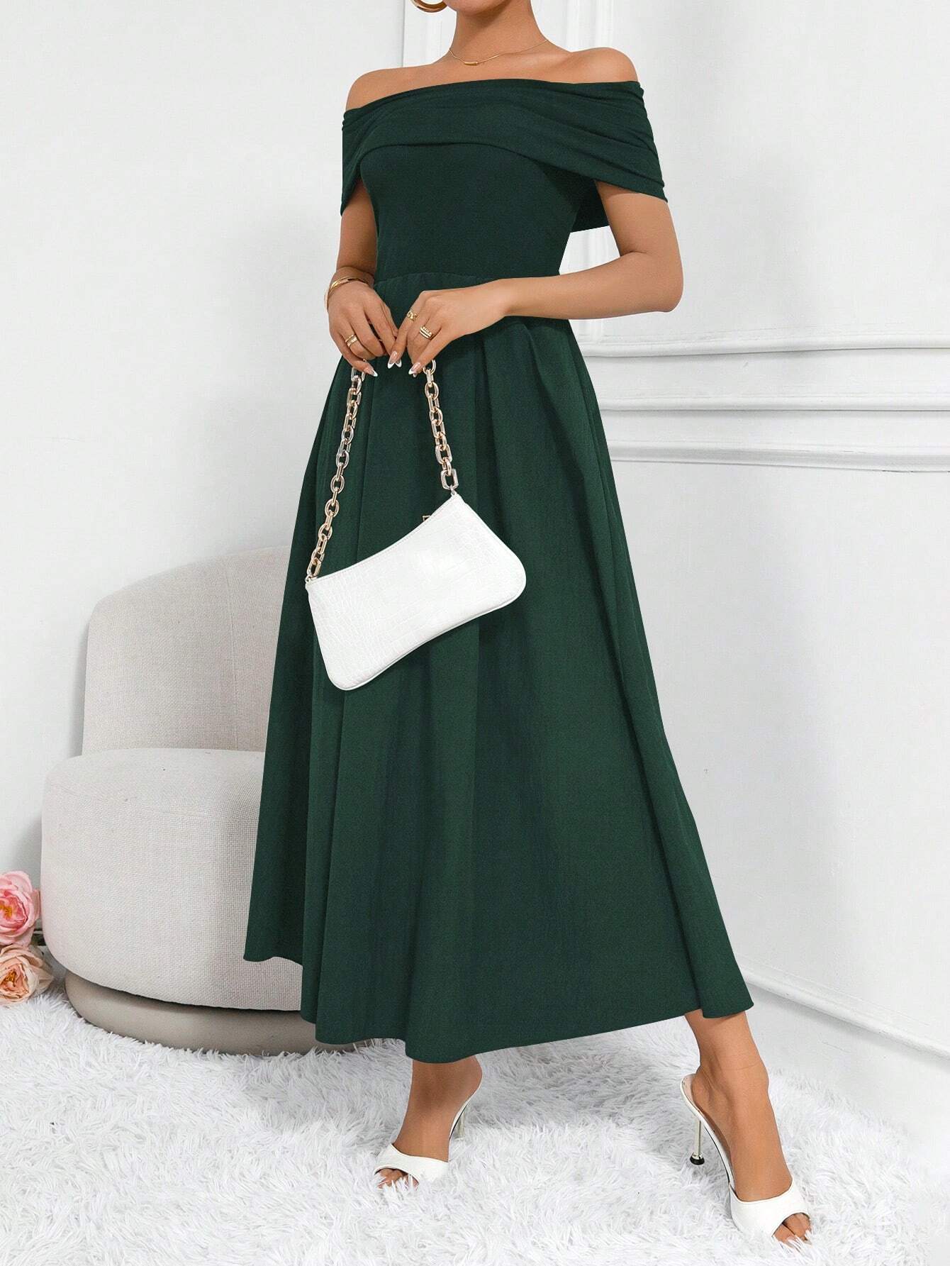 Buy SHEIN Clasi Women Fashion Solid Color Waist-Belted Off-Shoulder Dress in Pakistan