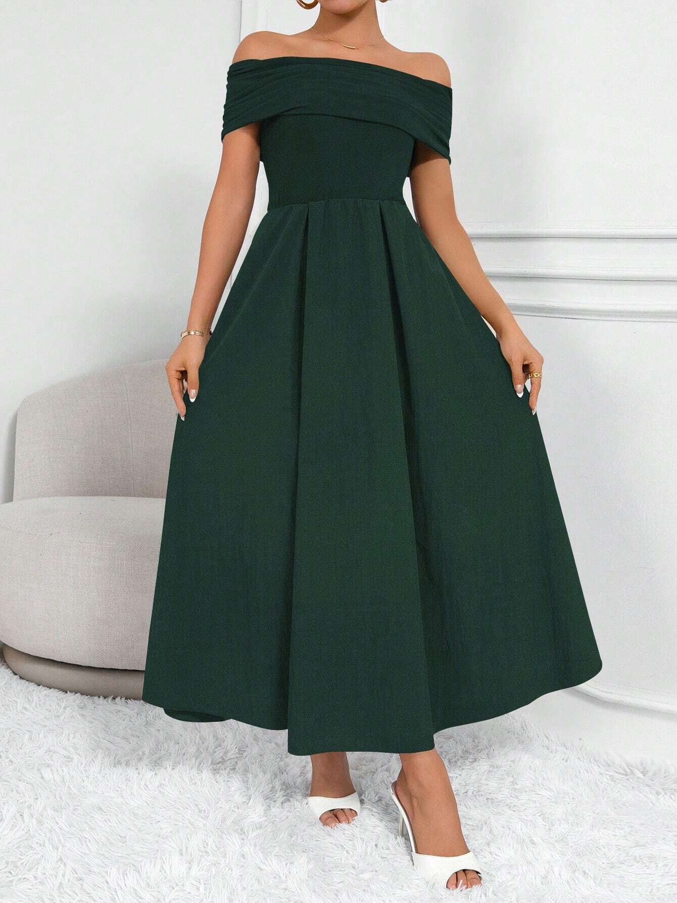 Buy SHEIN Clasi Women Fashion Solid Color Waist-Belted Off-Shoulder Dress in Pakistan