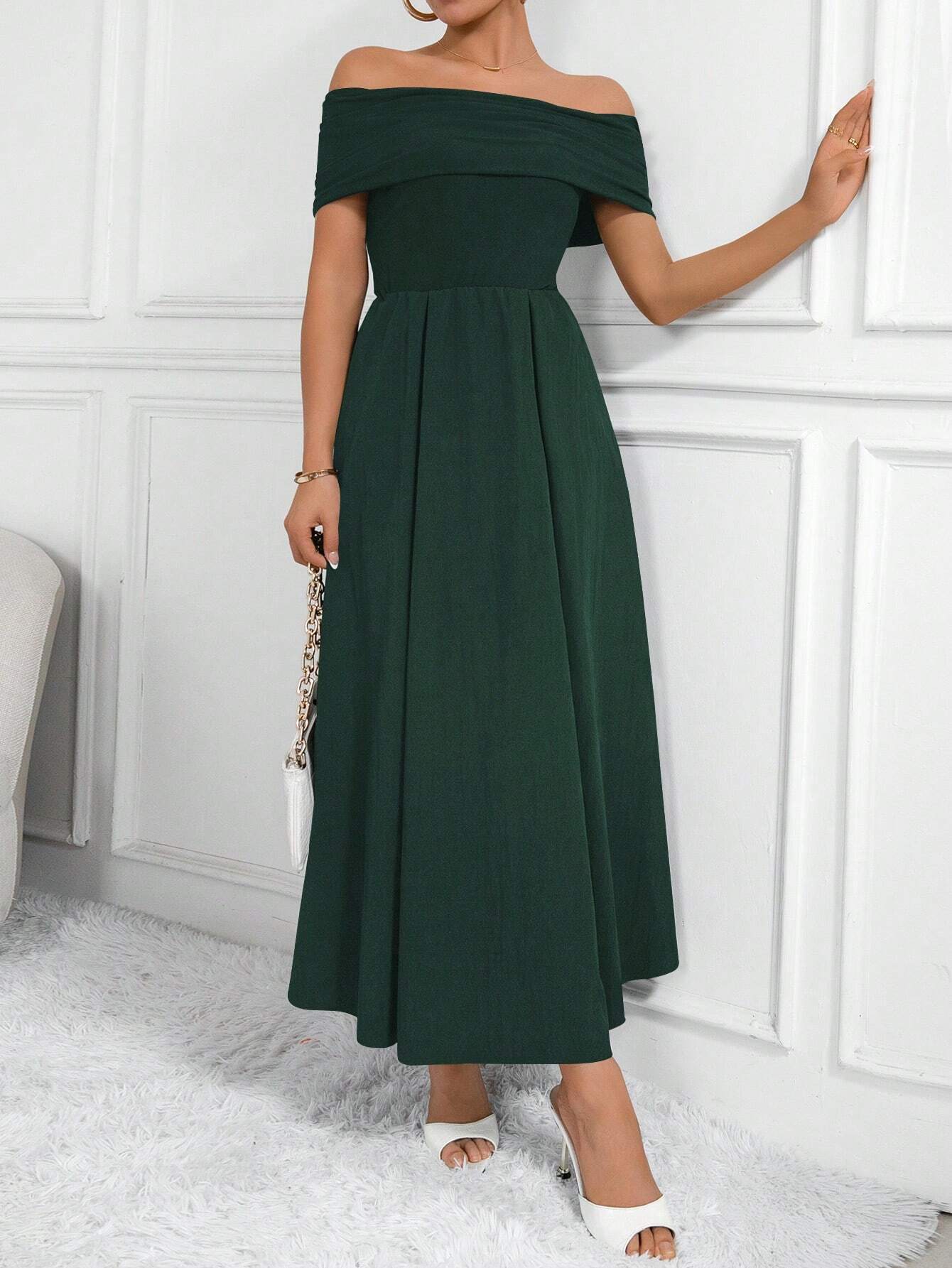Buy SHEIN Clasi Women Fashion Solid Color Waist-Belted Off-Shoulder Dress in Pakistan