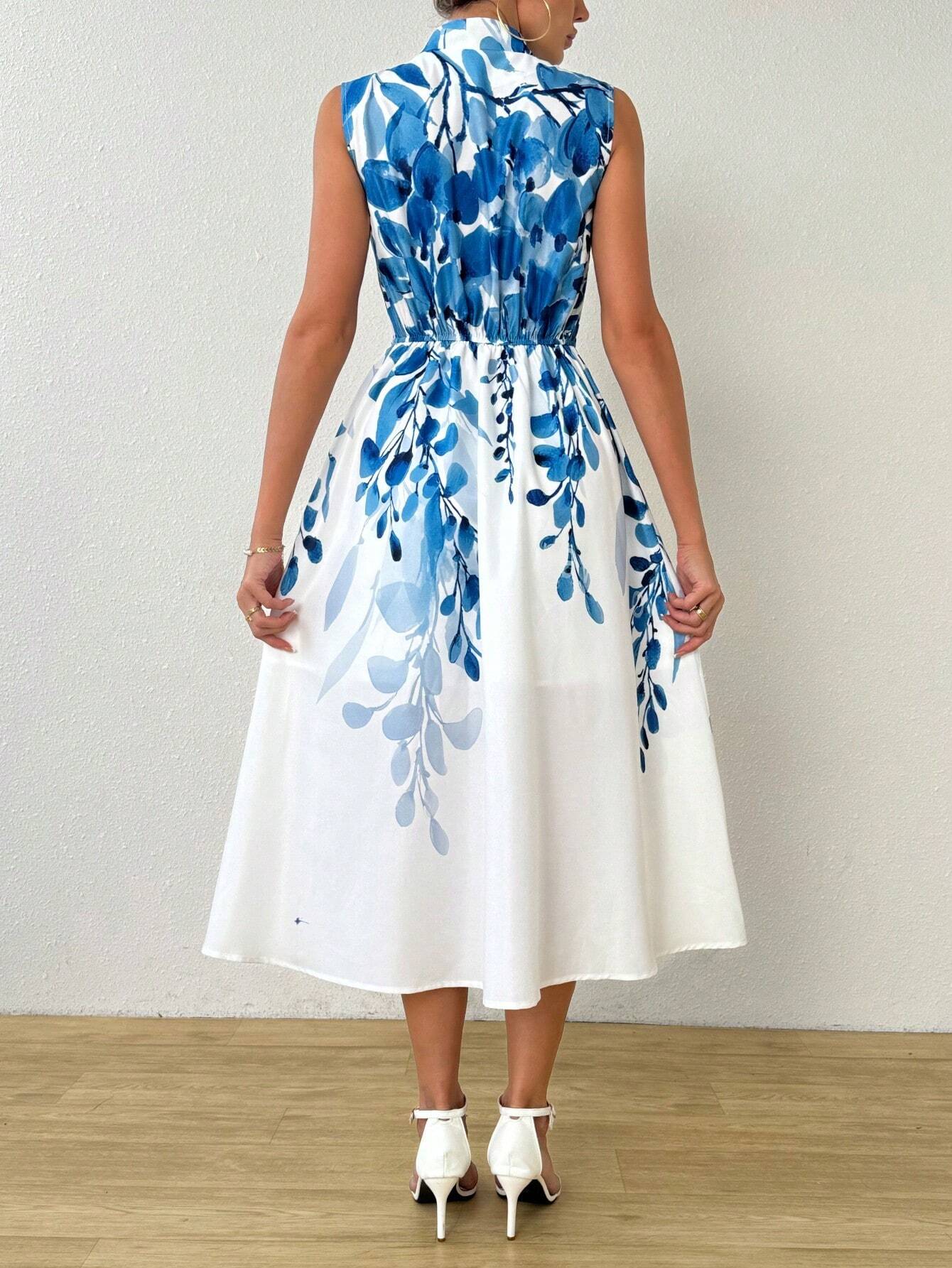 Buy SHEIN Clasi Women Summer Plant Printed V-Neck Sleeveless Elegant Long Dress With Overlapping Design in Pakistan
