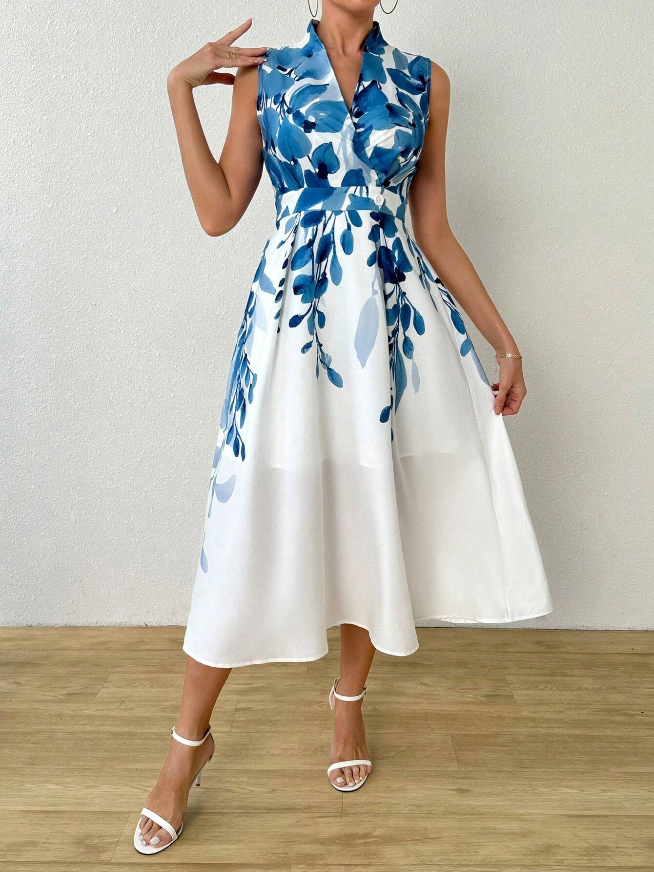Buy SHEIN Clasi Women Summer Plant Printed V-Neck Sleeveless Elegant Long Dress With Overlapping Design in Pakistan