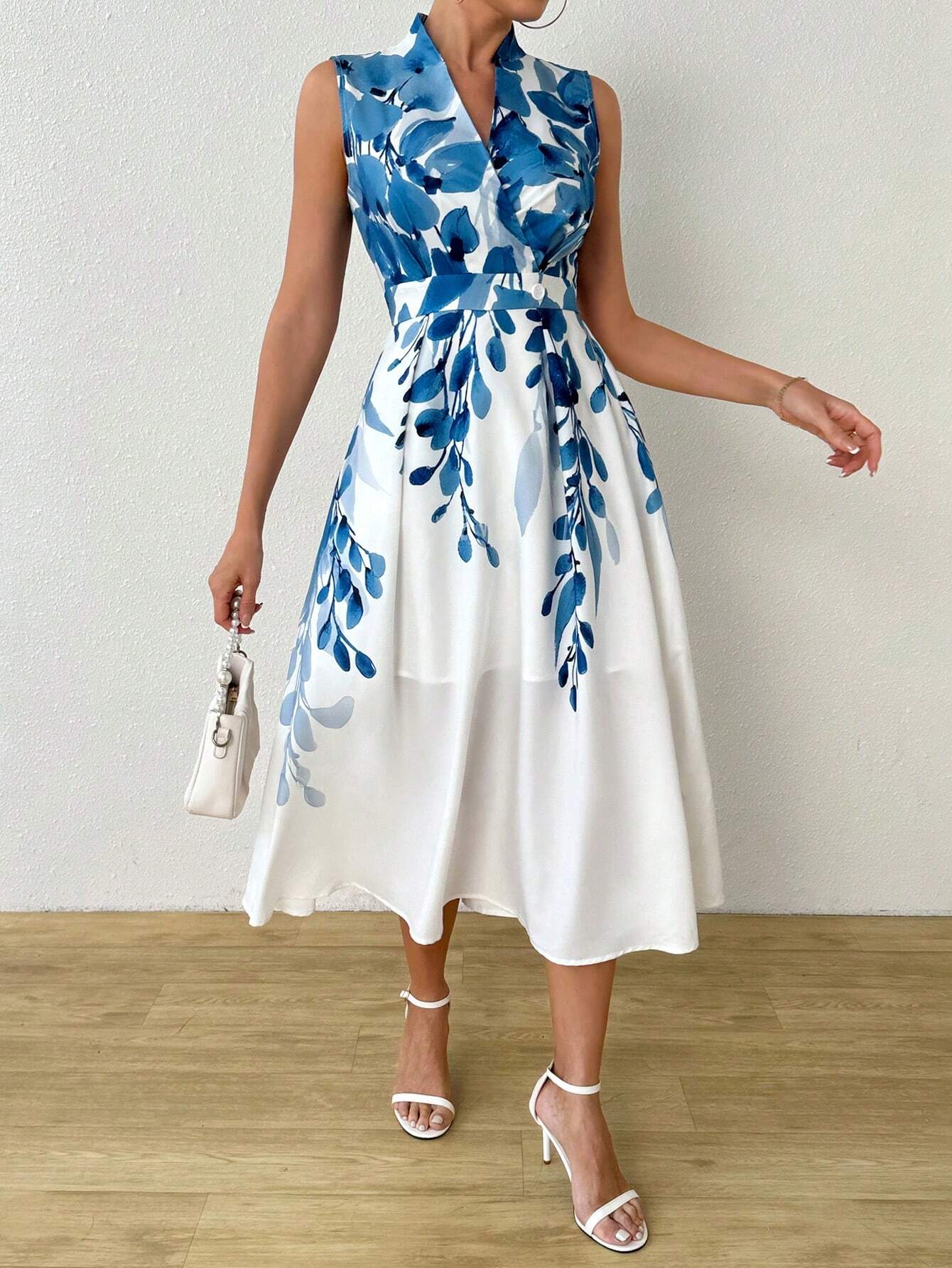 Buy SHEIN Clasi Women Summer Plant Printed V-Neck Sleeveless Elegant Long Dress With Overlapping Design in Pakistan