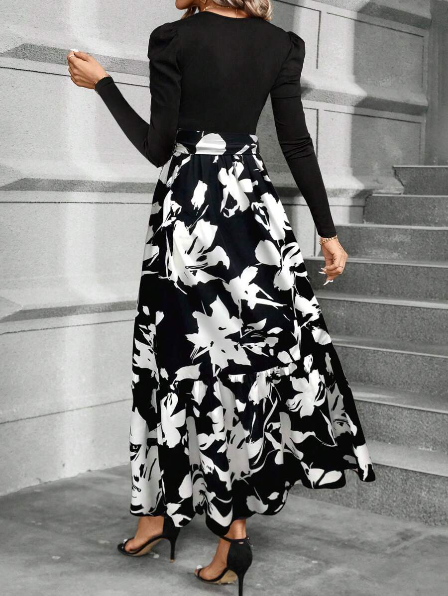 SHEIN Clasi Women's Elegant Bowknot Splice Floral Print A-Line Dress SHEIN Clasi Women's Elegant Bowknot Splice Floral Print A-Line Dress