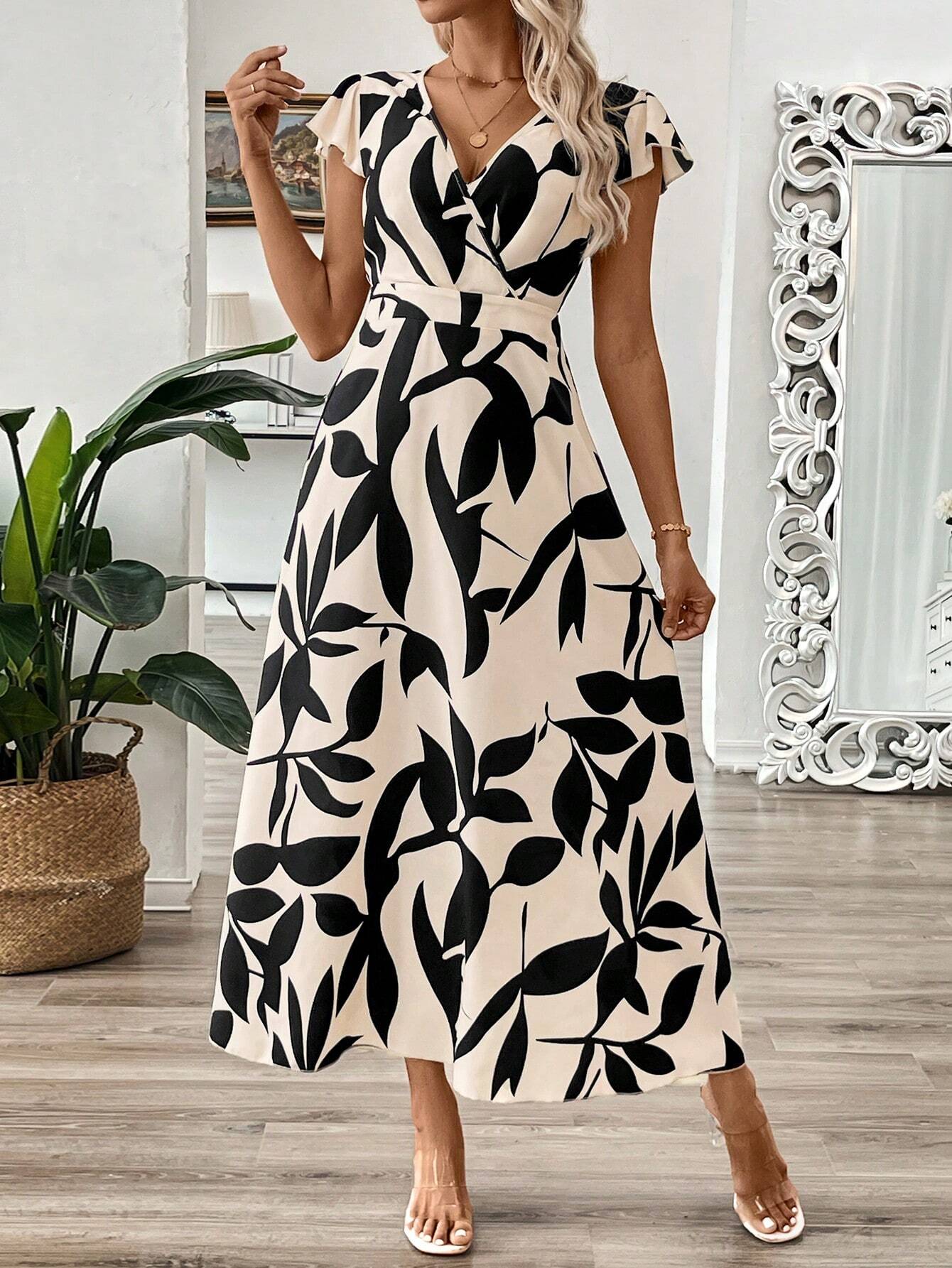 Buy SHEIN Clasi Women's Summer Long V-Neck Branch Floral Dress With A-Line Waist in Pakistan