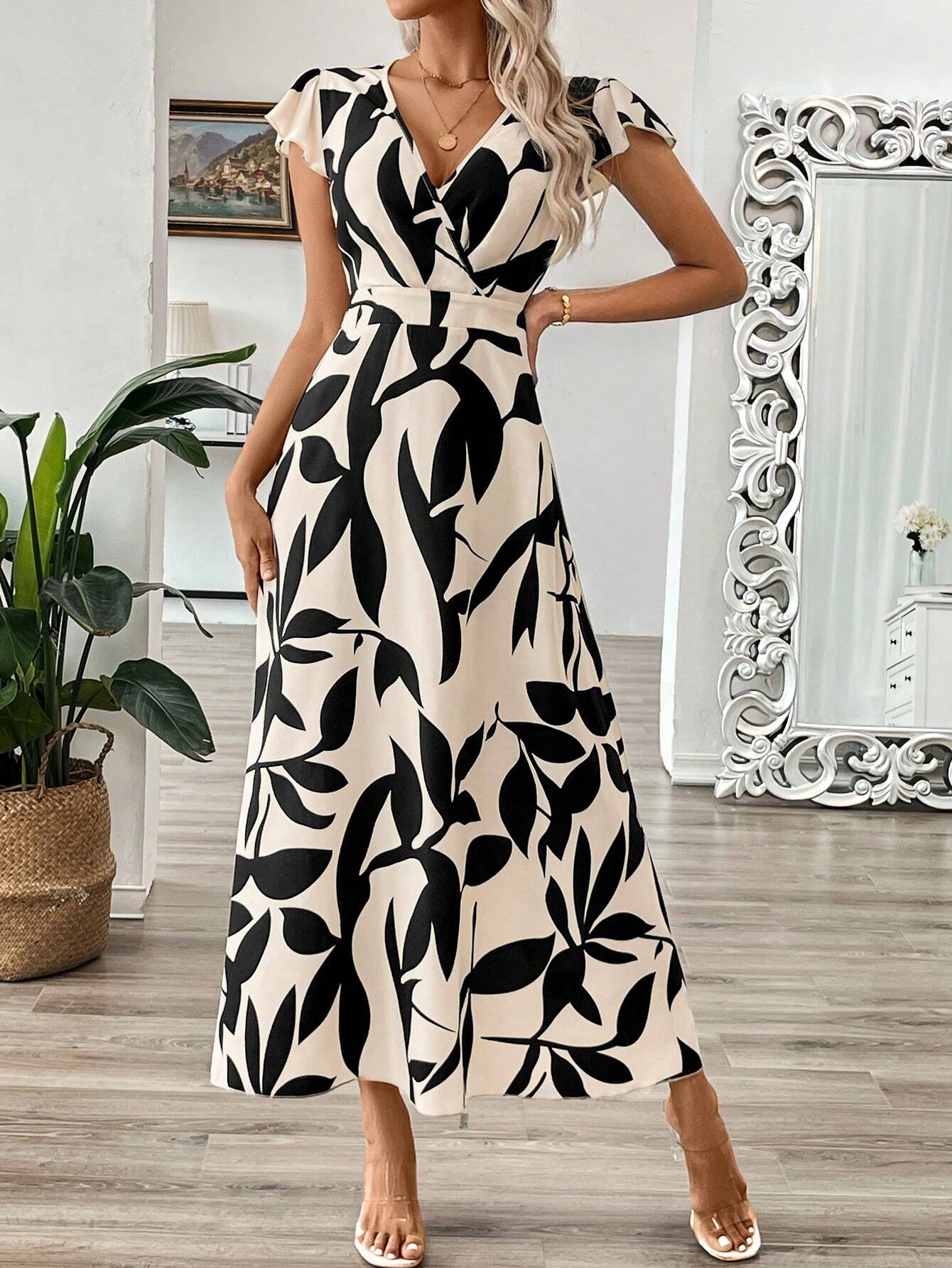 Buy SHEIN Clasi Women's Summer Long V-Neck Branch Floral Dress With A-Line Waist in Pakistan
