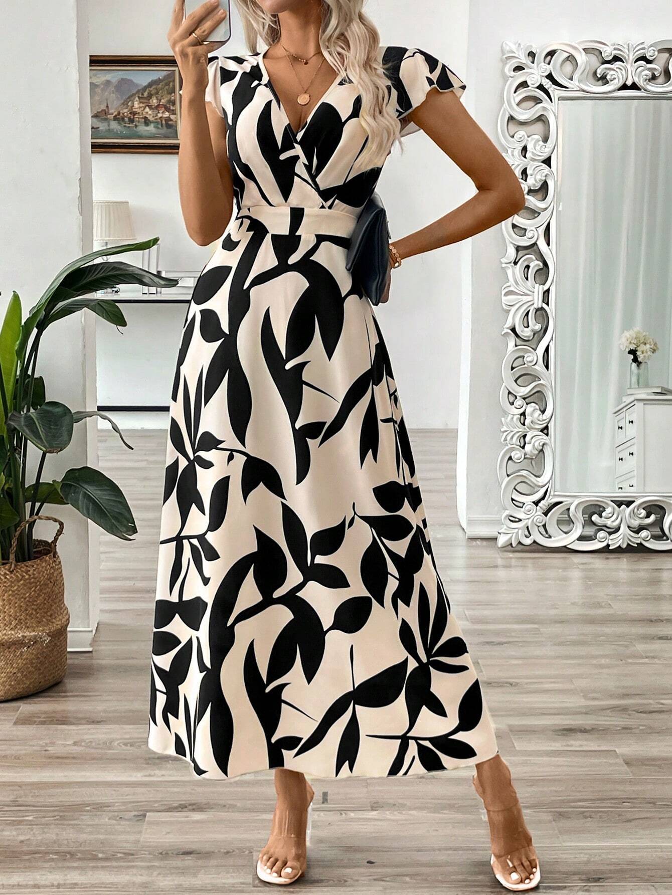 Buy SHEIN Clasi Women's Summer Long V-Neck Branch Floral Dress With A-Line Waist in Pakistan