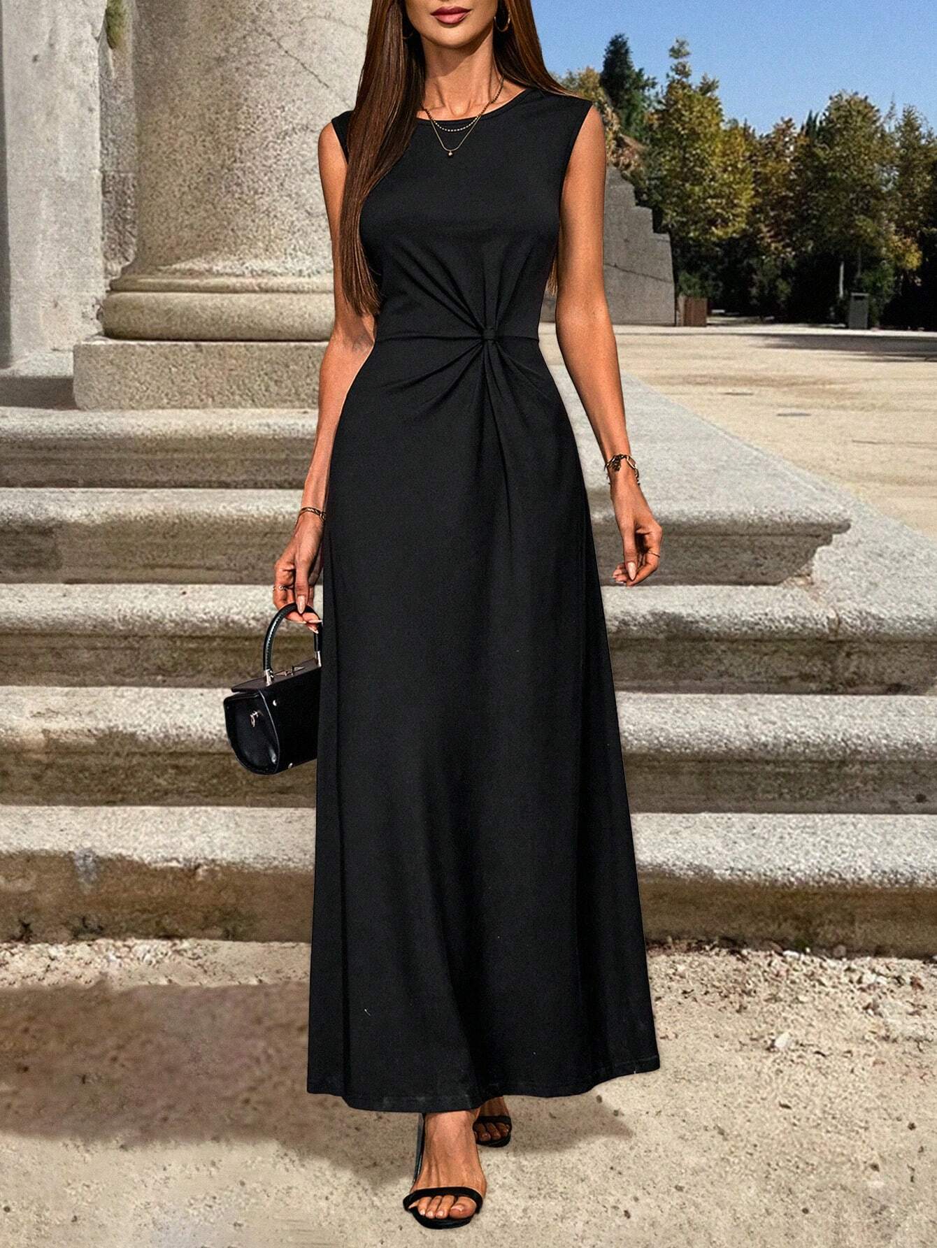 Buy SHEIN Clasi Women's Twist-Belt Black Casual Dress Maxi Women Outfi in Pakistan