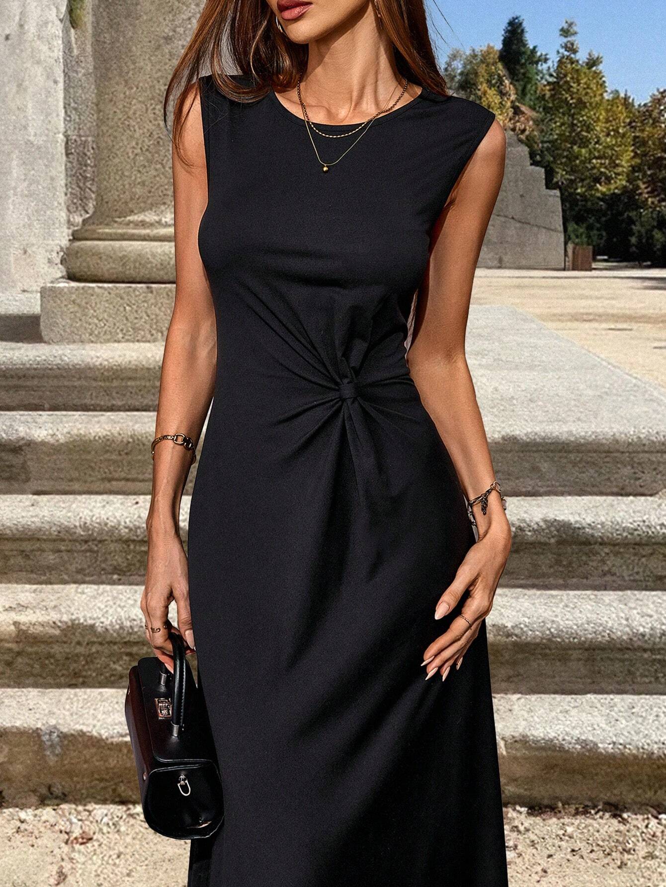 SHEIN Clasi Women's Twist-Belt Black Casual Dress Maxi Women Outfi SHEIN Clasi Women's Twist-Belt Black Casual Dress Maxi Women Outfi