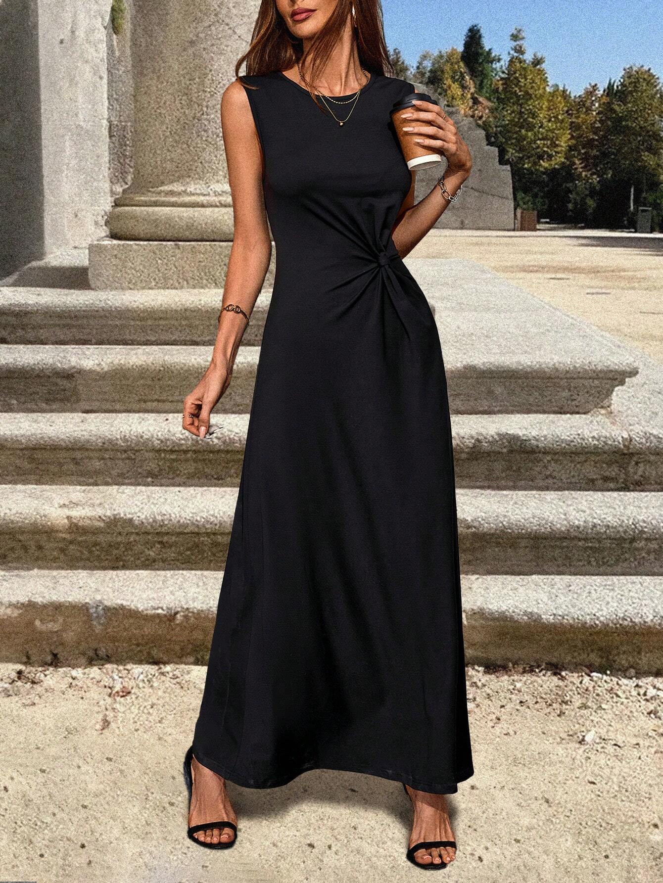 SHEIN Clasi Women's Twist-Belt Black Casual Dress Maxi Women Outfi