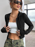 Buy SHEIN Coolane Ribbed Knit Zip Up Drawstring Hooded Crop Jacket in Pakistan