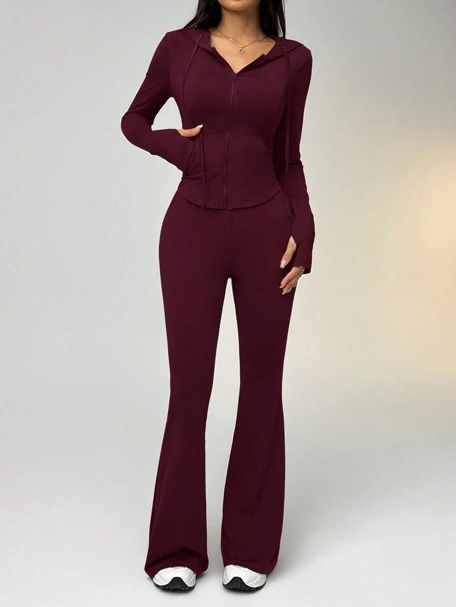 Buy SHEIN EZwear 1 Set Fitted Drawstring Hooded Crop Top & Flared Pants Sports Suit in Pakistan