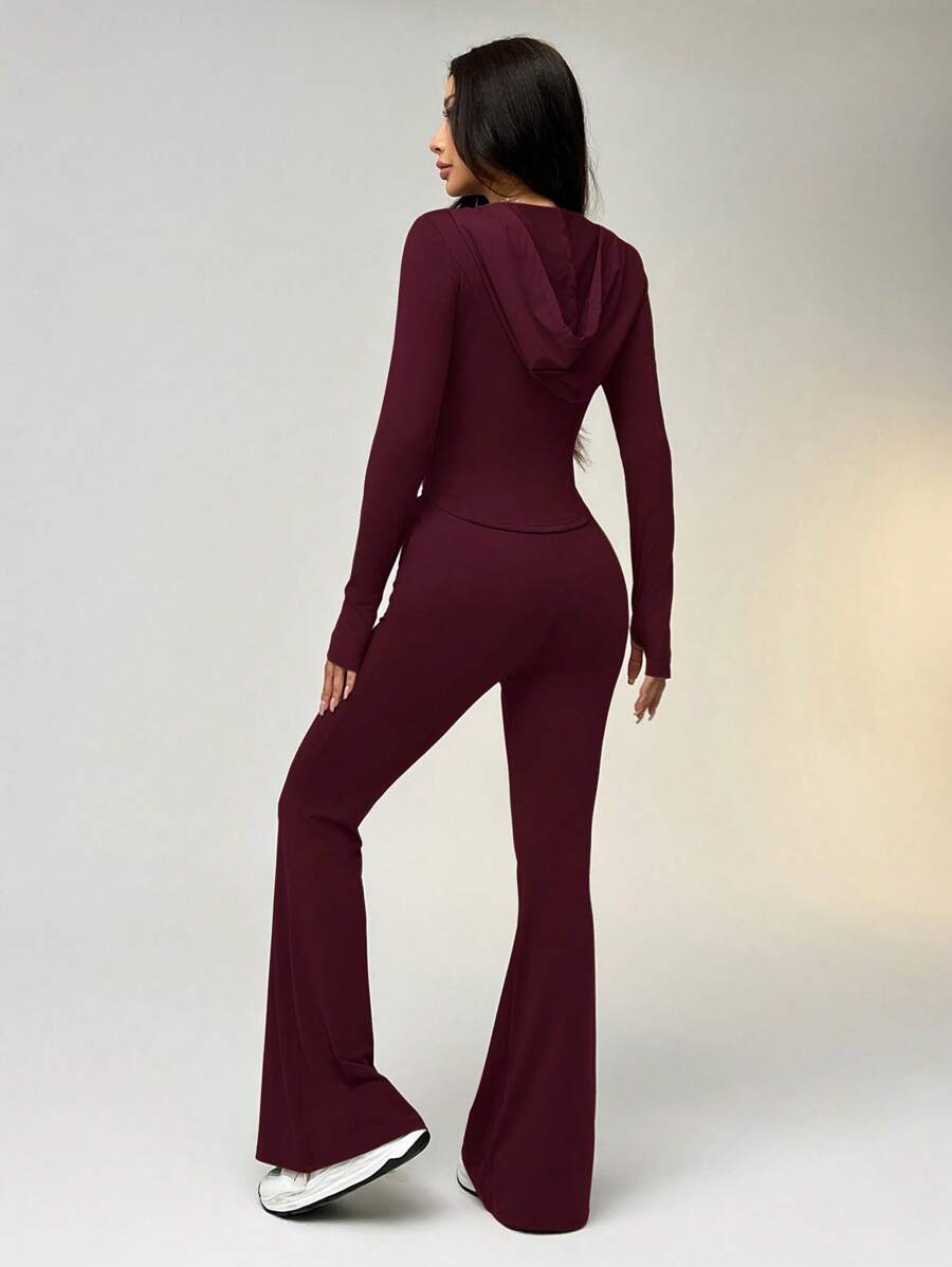 Buy SHEIN EZwear 1 Set Fitted Drawstring Hooded Crop Top & Flared Pants Sports Suit in Pakistan