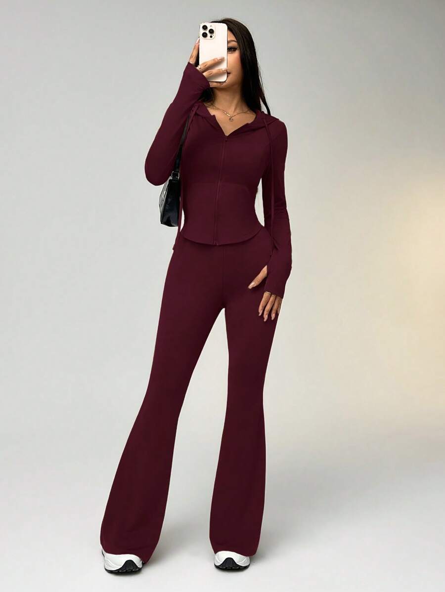 Buy SHEIN EZwear 1 Set Fitted Drawstring Hooded Crop Top & Flared Pants Sports Suit in Pakistan
