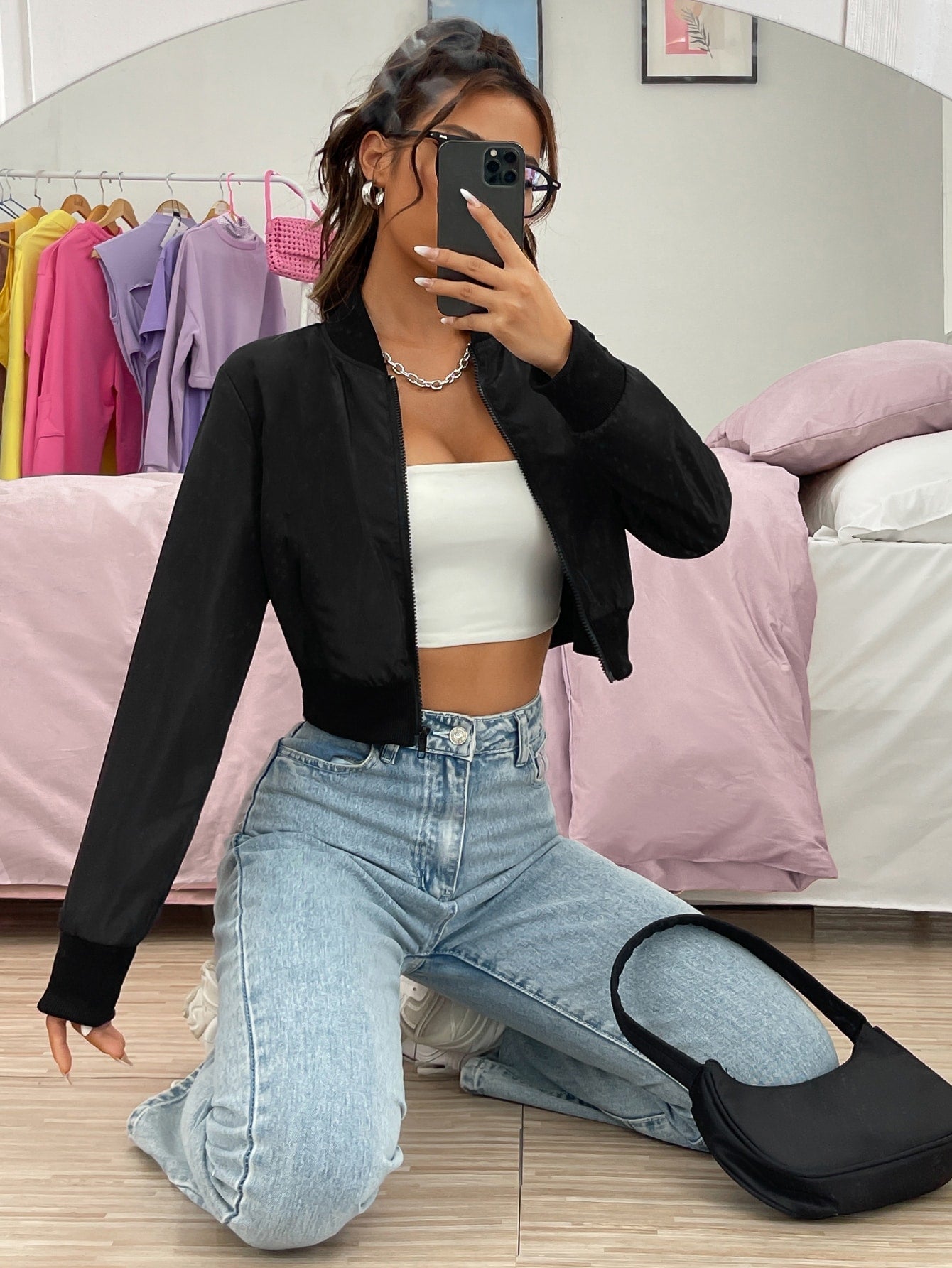 Buy SHEIN EZwear Baseball Collar Zip Up Crop Bomber Jacket in Pakistan